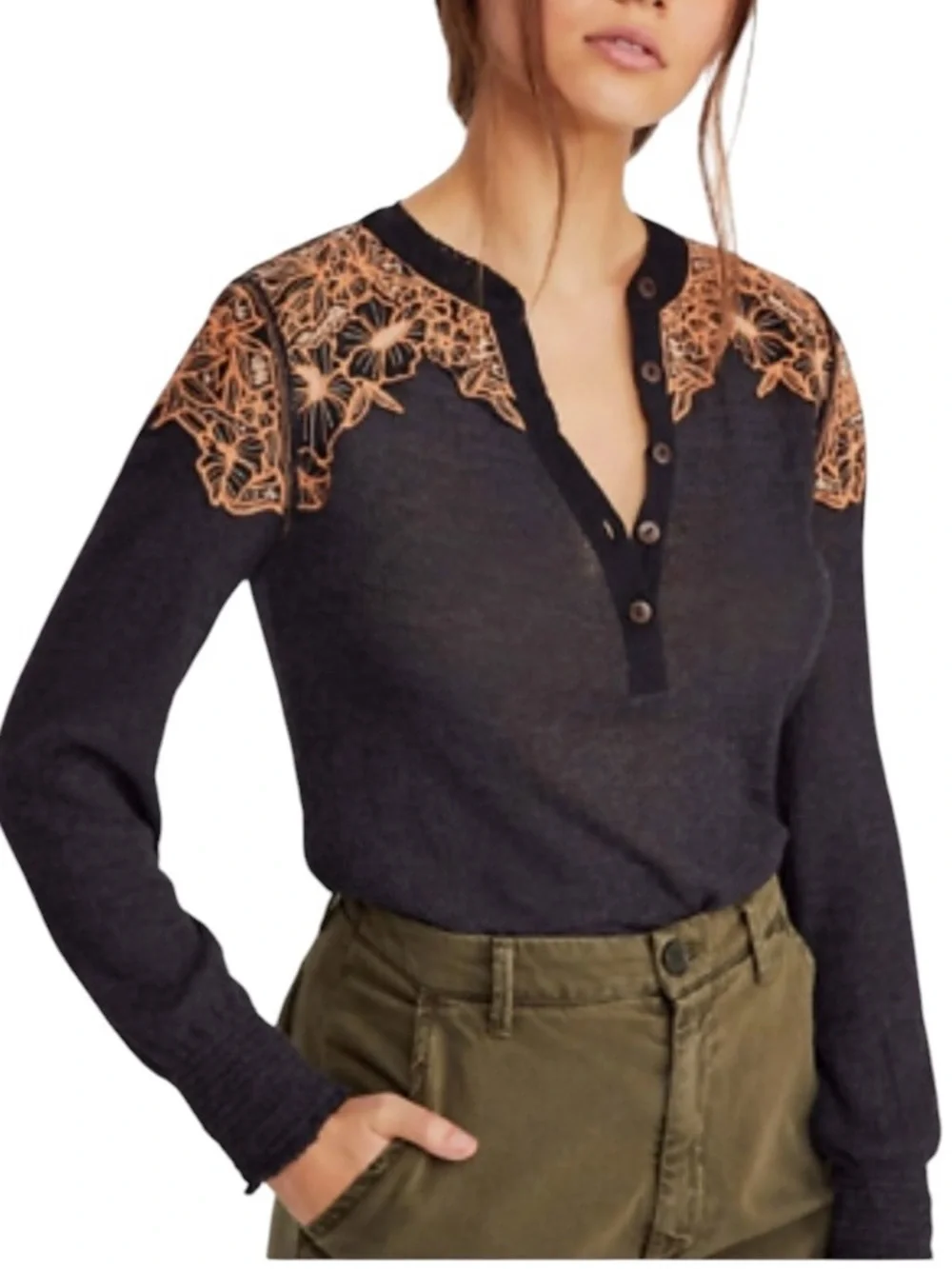 Free People Easy Breezy Black Embroidered Eyelet Henley Top - M